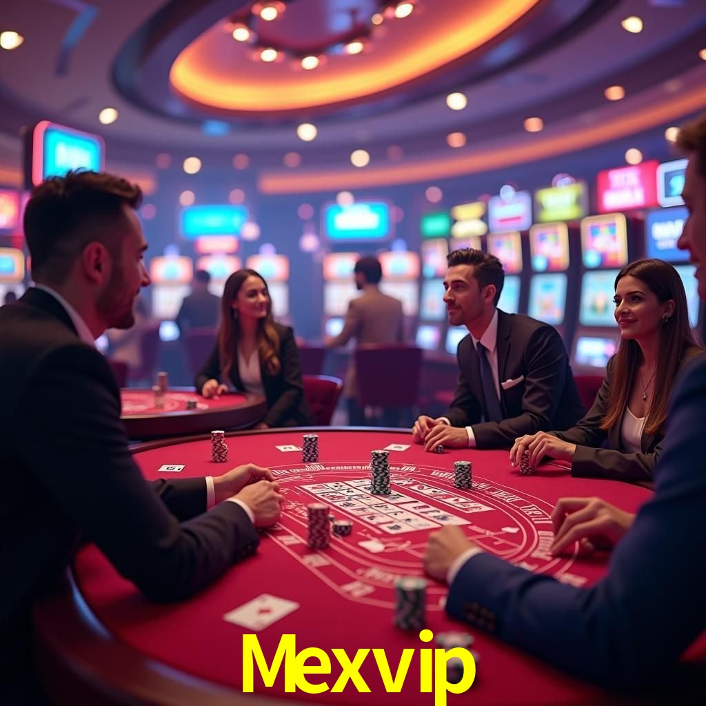 Escena dinámica inspirada en casino con iluminación Mexvip, cartas, fichas e íconos de juegos digitales en un espacio moderno de juegos.