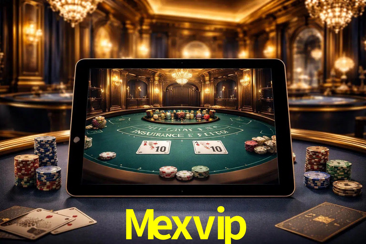 Configuración moderna de casino en vivo con una tableta mostrando una mesa de blackjack, luces cálidas de estudio y una atmósfera elegante de juegos digitales.