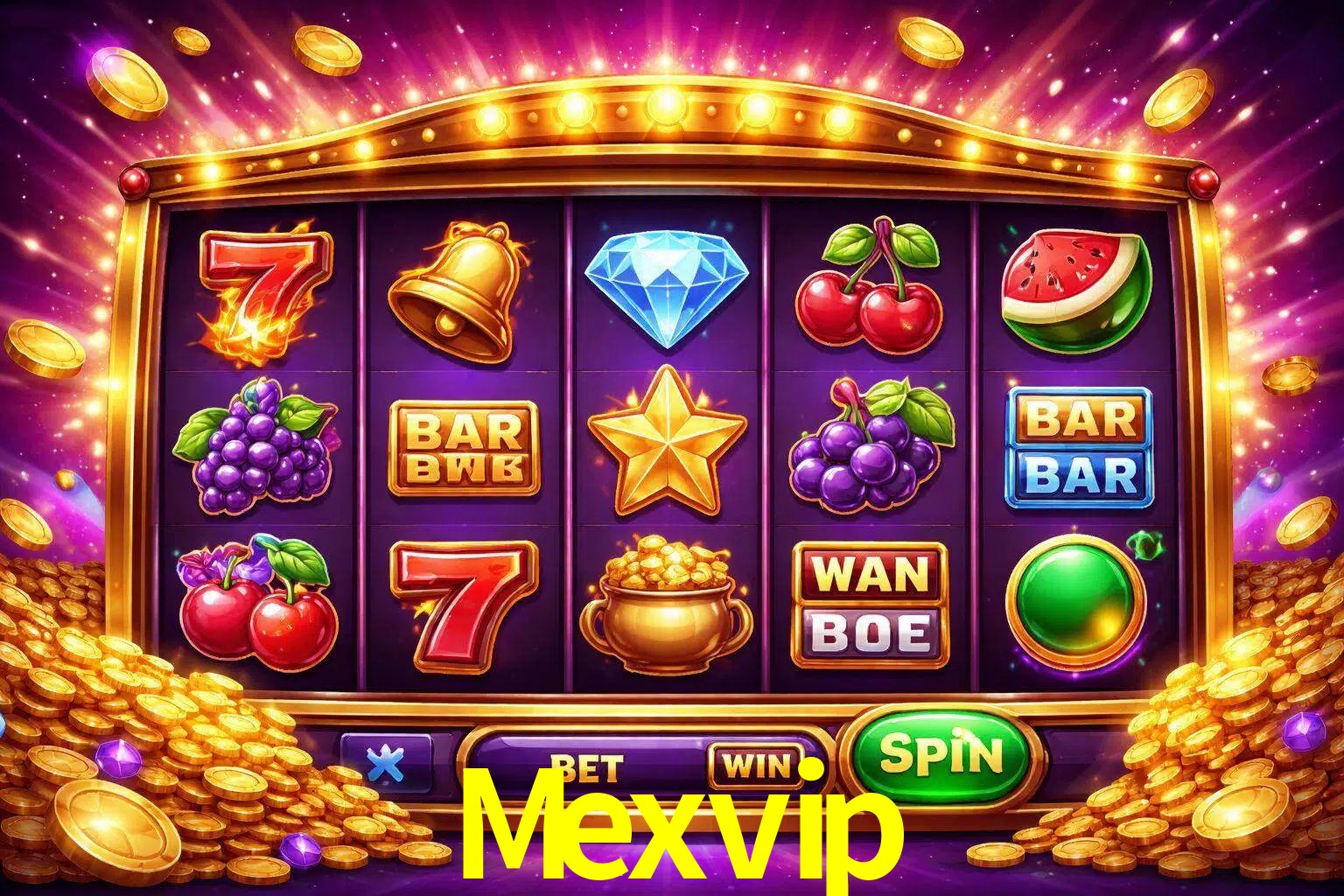 Una interfaz colorida de tragamonedas en línea con símbolos brillantes, monedas y un efecto de victoria celebratoria en Mexvip.
