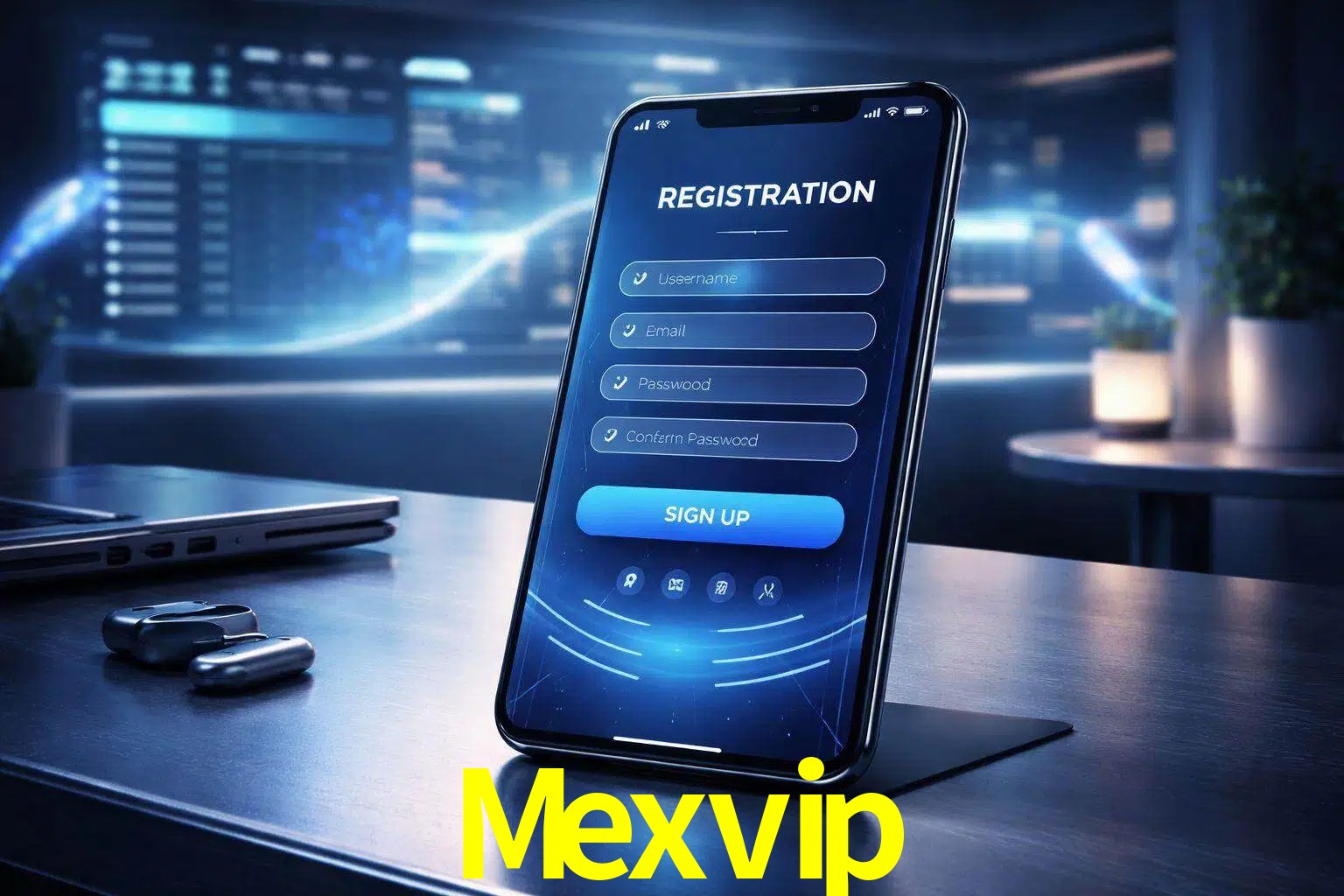 Una interfaz moderna de registro móvil para Mexvip mostrada en un smartphone con un panel de apuestas elegante.